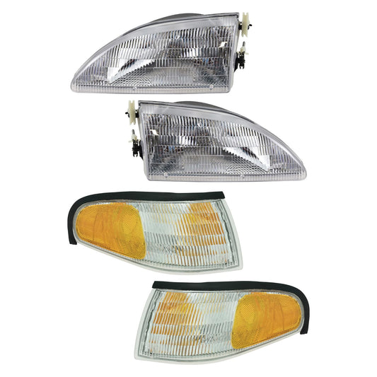 TRQ Headlight Assembly Set for 1994-1998 Ford Mustang, Driver & Passenger Side, Model LKA55910, Yellow