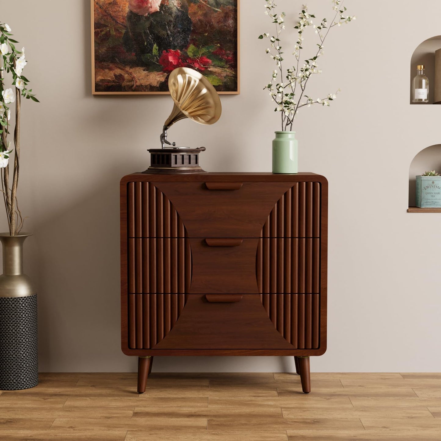 COSIEST Tall Nightstand with 3 Drawers, Mid-Century Modern Fluted Bedside Table, Walnut Wood Accent Cabinet with Storage for Bedroom, Brown