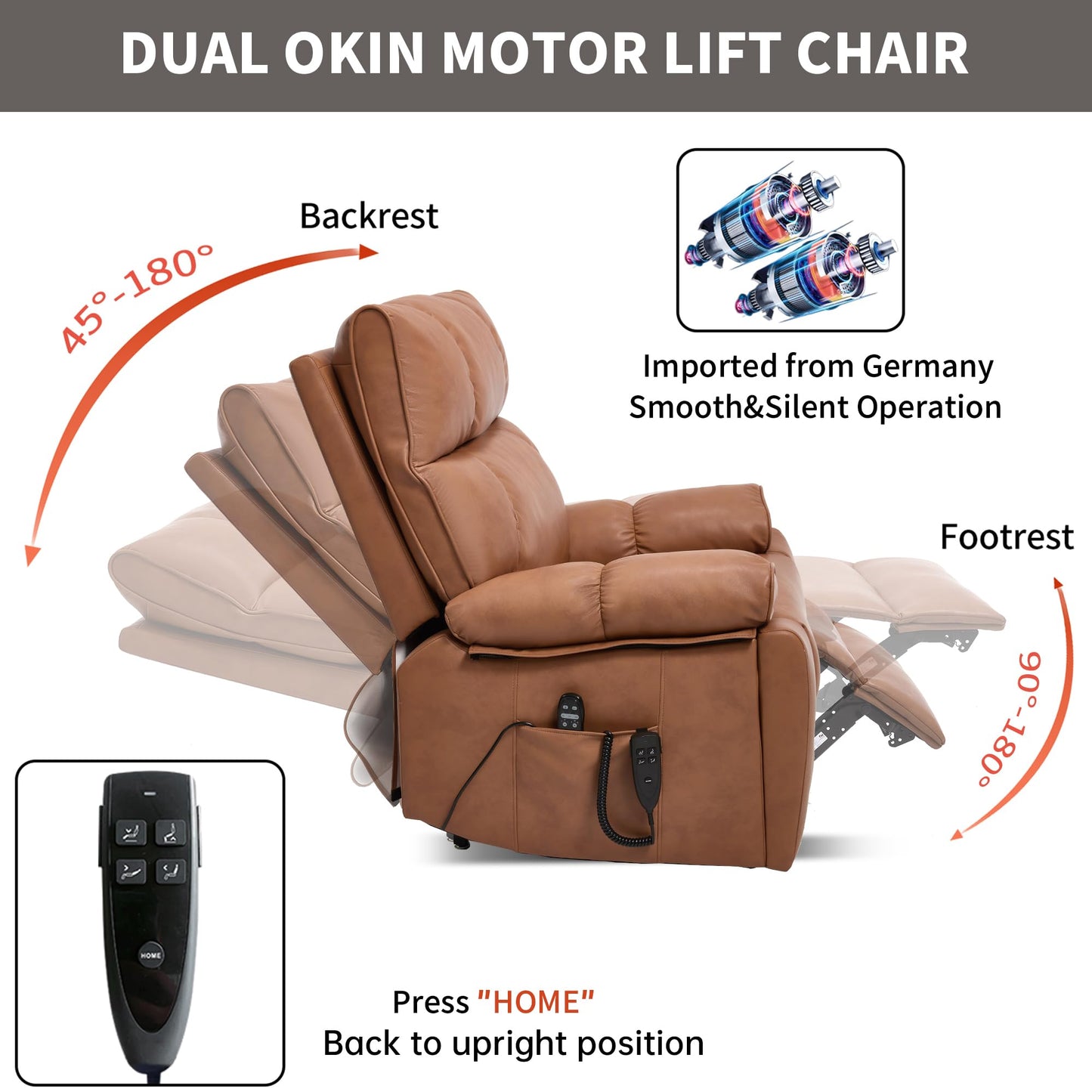 KEIKI Leatheraire Oversized Electric Power Lift Recliner Chair with Heat & Massage, Dual Motor, Infinite Positions, Hidden Cup Holders, Medium-Firm, Heavy Duty Up to 350 lbs, Orange