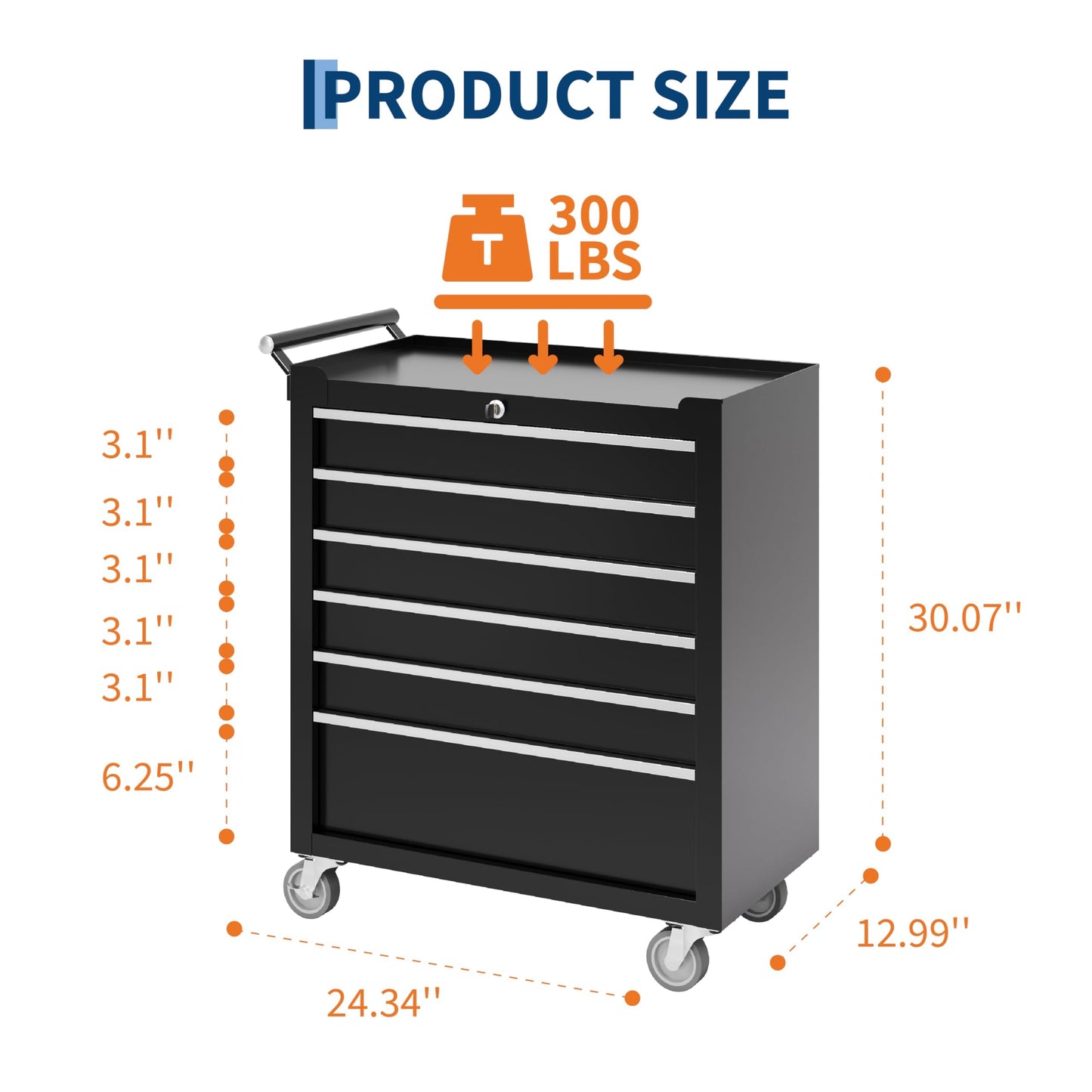 Rolling Tool Box with Wheels – 6 Drawer Heavy Duty Tool Chest Cabinet, Lockable Portable Storage Organizer with Drawer Liners, Mobile Mechanic Toolbox for Garage, Workshop, Shop, Easy Assembly, Black