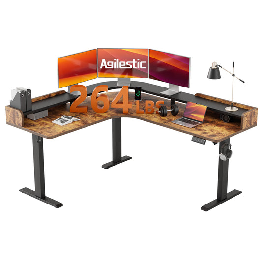 Agilestic L Shaped Standing Desk, Corner Desk with Monitor Shelf, Adjustable Height Gaming Table, Sit Stand Up Table, 63 x 55 Inch Home Office Computer Workstation, Splice Board, Rustic Brown