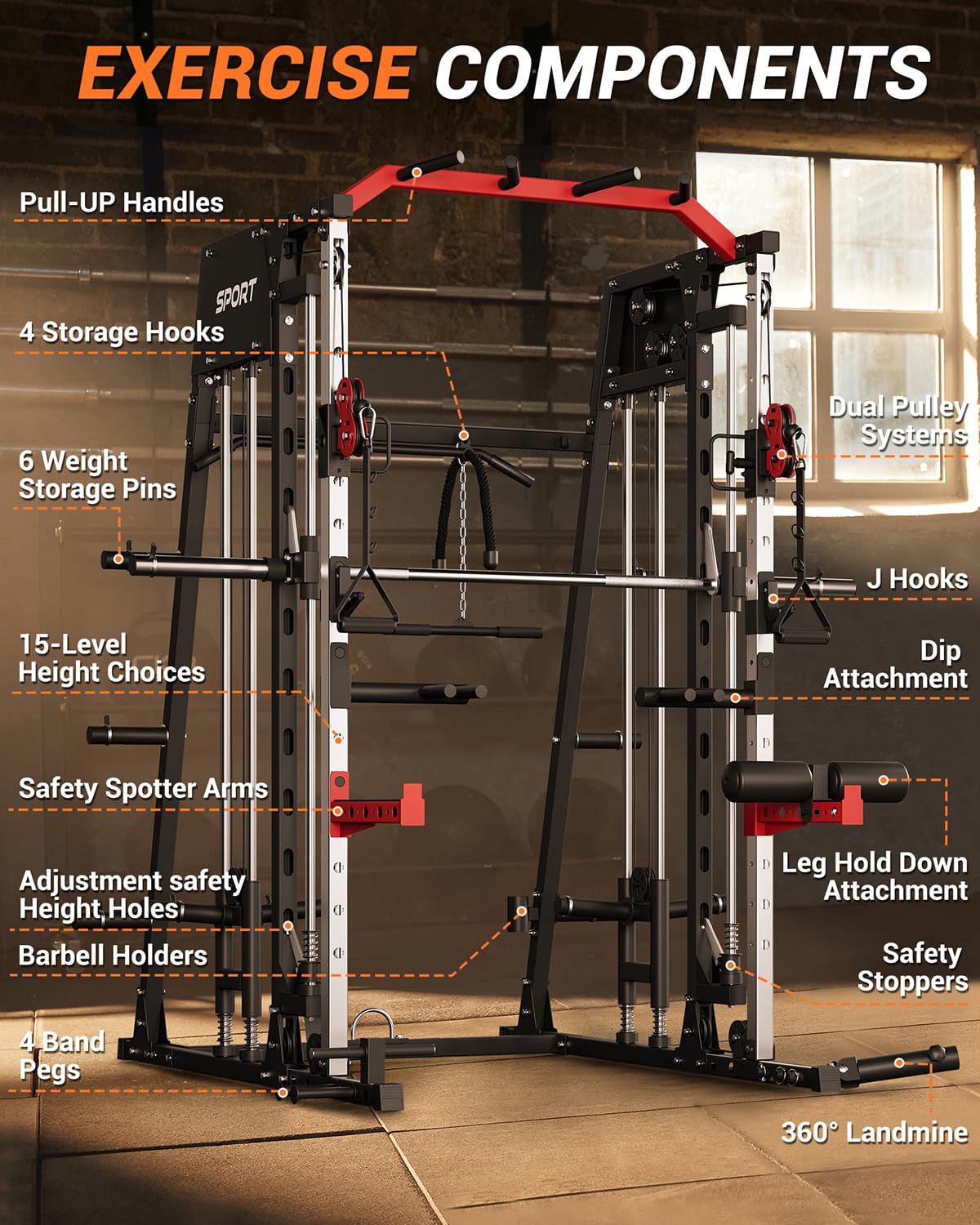 Smith Machine Home Gym 2200LBS Squat Rack Power Cage with LAT Pulldown, Cable Crossover System, Smith Bar, Leg Attachments, All in One Workout Equipment