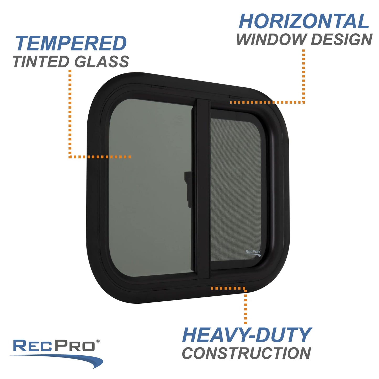 RecPro RV Window Replacement - Teardrop Style, Horizontal Sliding, 18inW x 15inH, Black, Model RP-WIN, Made in USA