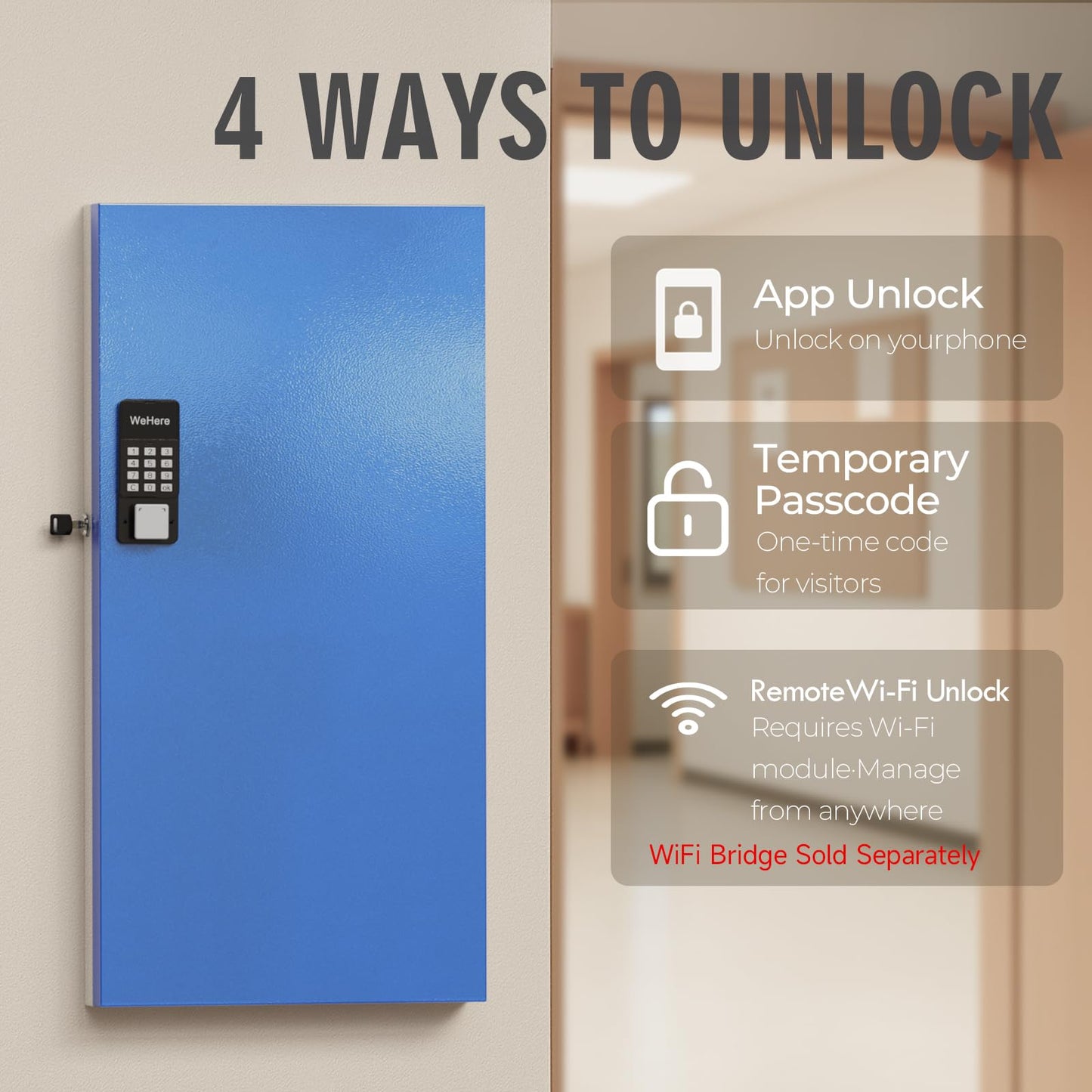 WeHere 120-Key Smart Key Lock Box, Wall-Mount Key Cabinet with Key Management App(Track Key Borrow/Return), Keypad, Bluetooth & WiFi Unlock (Sold Separately) for Commercial, School, Rental, Office