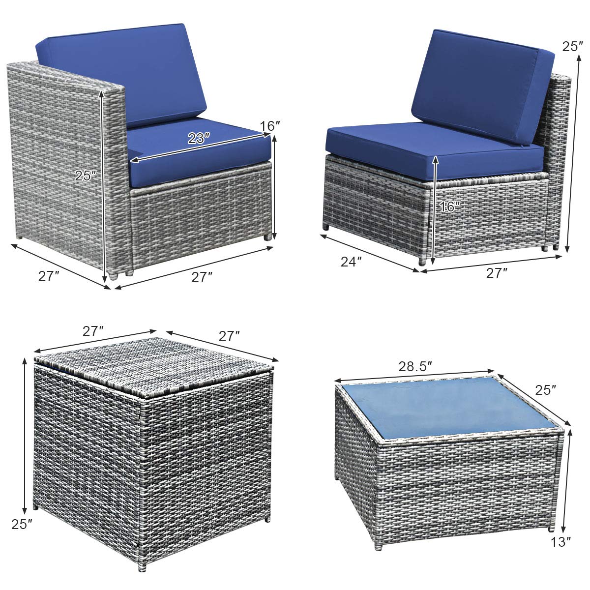 Tangkula 8 Pieces Wicker Patio Furniture Set with Storage Deck Box, PE Rattan Outdoor Sectional Sofa Conversation Set with Coffee Table & Cushions, Outside Furniture for Garden Yard Poolside (Navy)