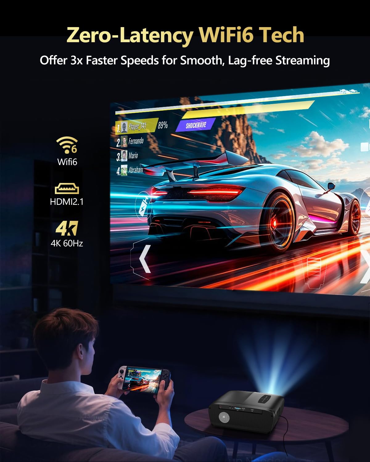 Daylight Projector 4K HDR Home Theater, Smart Daytime Movie Gaming TV Projectors with WiFi 6, NFC, Bluetooth, Apps, ToF Auto Focus, HDMI ARC,2200ANSI High Lumens for Golf Simulator Ceiling Bright Room