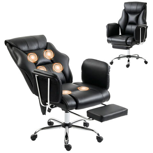 HOMCOM Massage Office Chair with 6-Point Vibration, 155° Recline & Retractable Footrest, PU Leather Executive Computer Desk Chair with Lumbar Support, Pocket Springs, Wheels for Home Office, Black