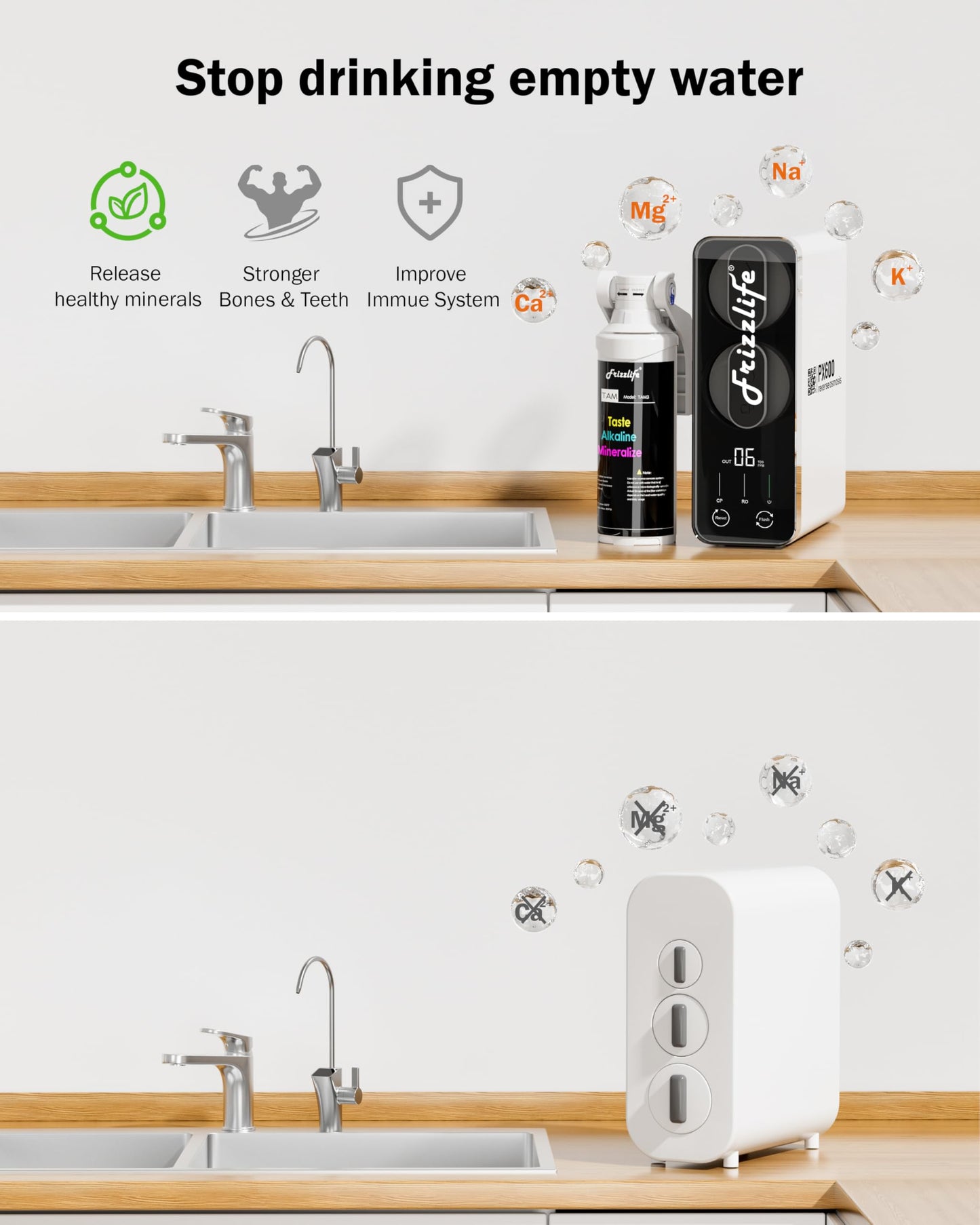 Frizzlife Reverse Osmosis Water Filter - Alkaline Mineral pH+, NSF/ASNI 58&53&42&372 Standard, 600GPD Tankless RO Reverse Osmosis System, Under Sink, 2:1 Pure to Drain, Smart LED Faucet, PD600-N