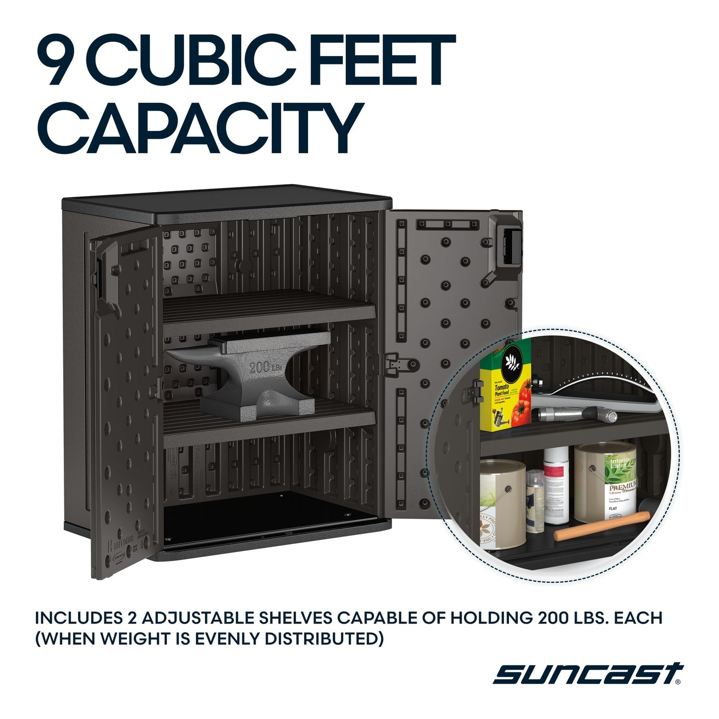 Suncast Heavy-Duty Resin Outdoor Storage Cabinet, 30" W x 20.25" D x 36" H Dark Grey Base Garage Storage Cabinet with Lockable Doors and Metal Reinforced Shelves, Made in the USA
