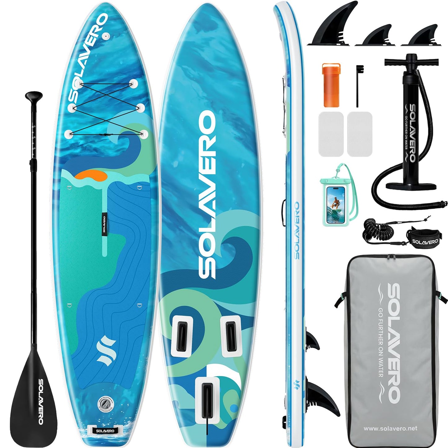 SOLAVERO 11' Inflatable Stand Up Paddle Board with SUP Accessories, Blow Up Paddle Board with Anti-Slip EVA Deck for Adults All Skill Levels, 500lb Capacity