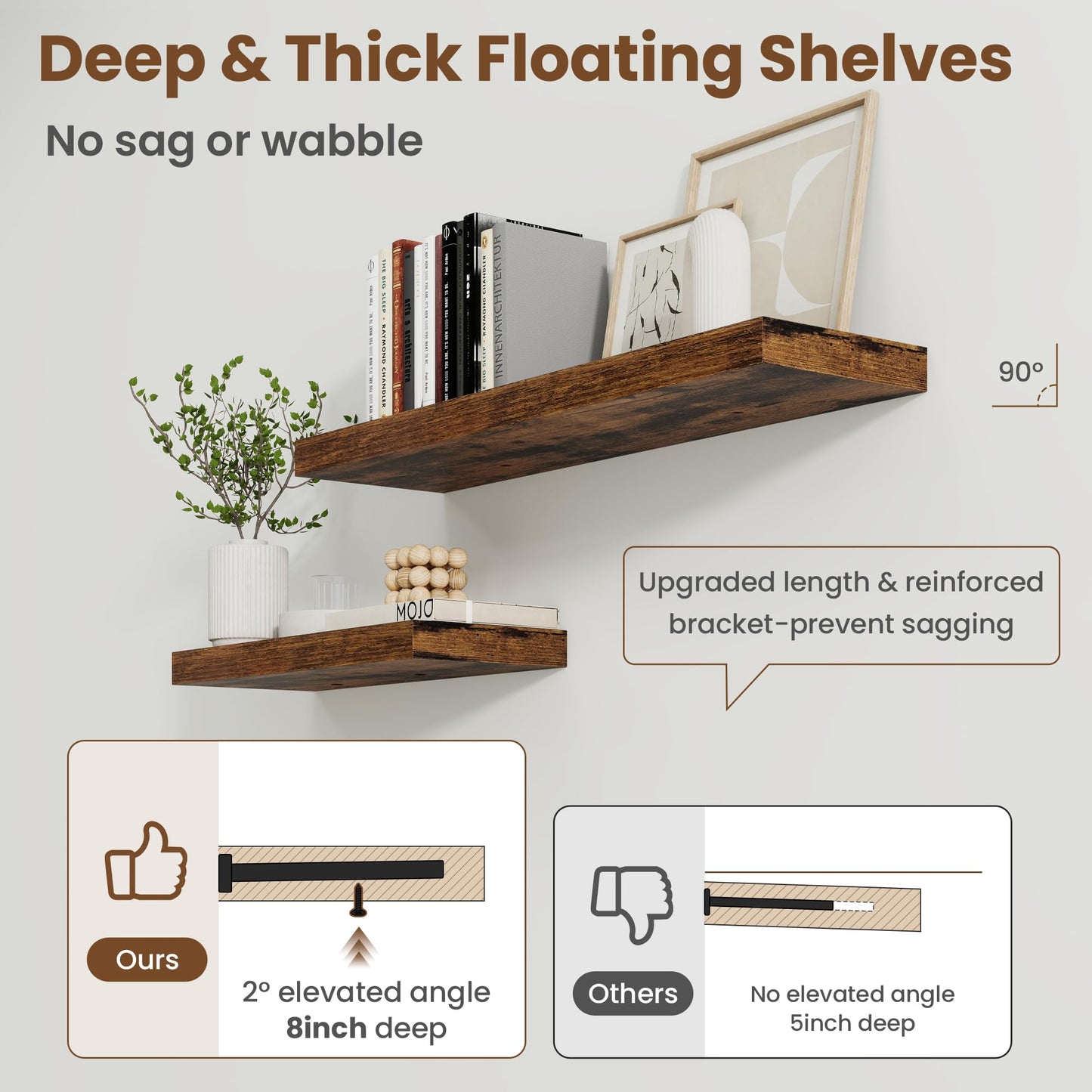72 Inch Floating Shelves for Wall, 8 Inch Deep Floating Shelf for Storage & Display, Wall Mounted Shelf with Invisible Brackets for Living Room, Kitchen, Bathroom, Home Decor, Set of 2, Rustic Brown