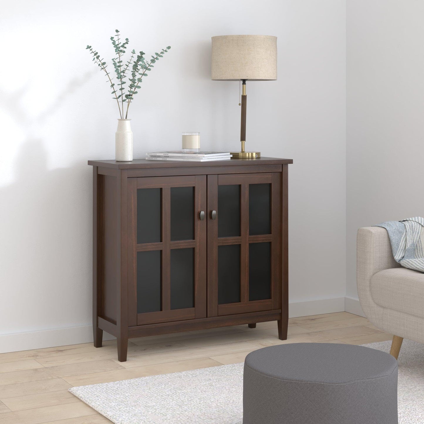 SIMPLIHOME Warm Shaker Storage Cabinet - 32 inch Wide Solid Wood 2-Shelf Low Storage Cabinet in Brunette Brown, Transitional Accent Cabinet for Entryway with Tempered Glass Doors and Shelves