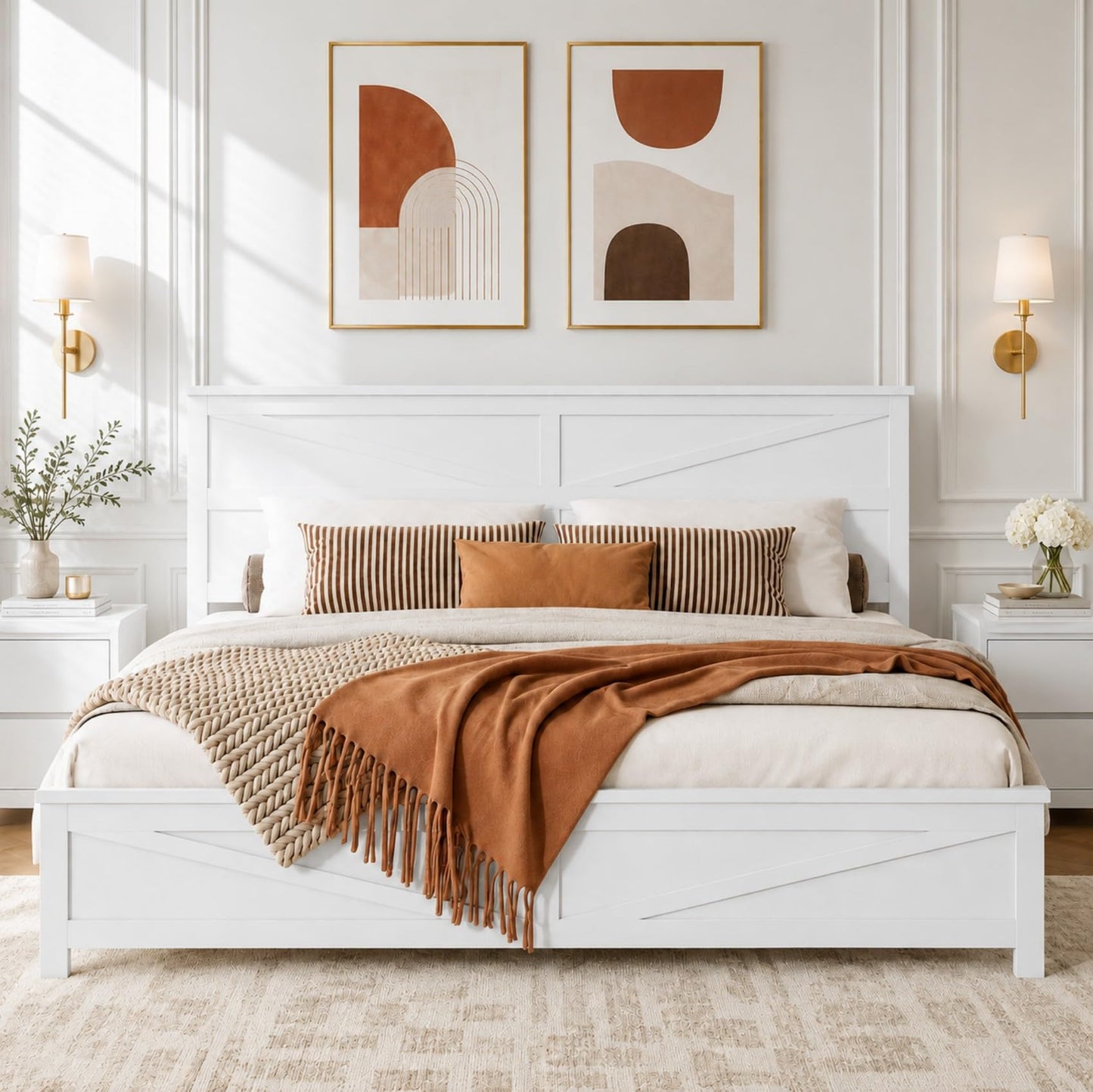 KEIKI Farmhouse Queen Size Platform Bed Frame with Headboard and Footboard, Pinewood Bed Platform with Slat Support, No Box Spring Needed Bedframe, Under-Bed Storage, Barn Door Designed