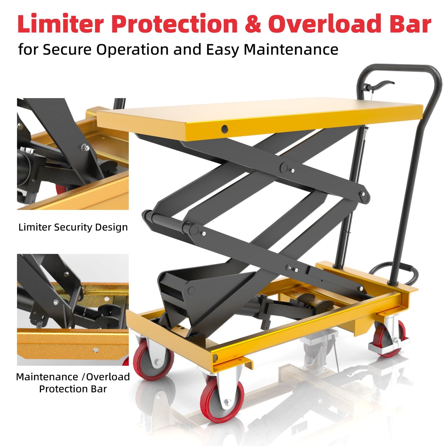 ZKH Hydraulic Lift Cart, 1100lb Capacity, 63" Max Lifting Height, Single Scissors Lift Table with Locking Wheels and Overload Bar for Safe Operations, Ideal for Material Handling and Freight Lifting