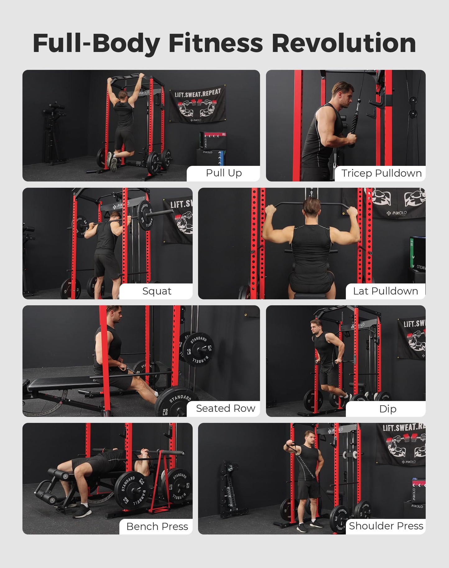 Mikolo F4 2.0 Power Cage with Dual-Track Smooth Pulley System, 1200LBS Power Rack with Leg Hold-Down for Heavy LAT Pulldowns, All-in-One Squat Rack with More Training Attachments for Home Gym (Red)