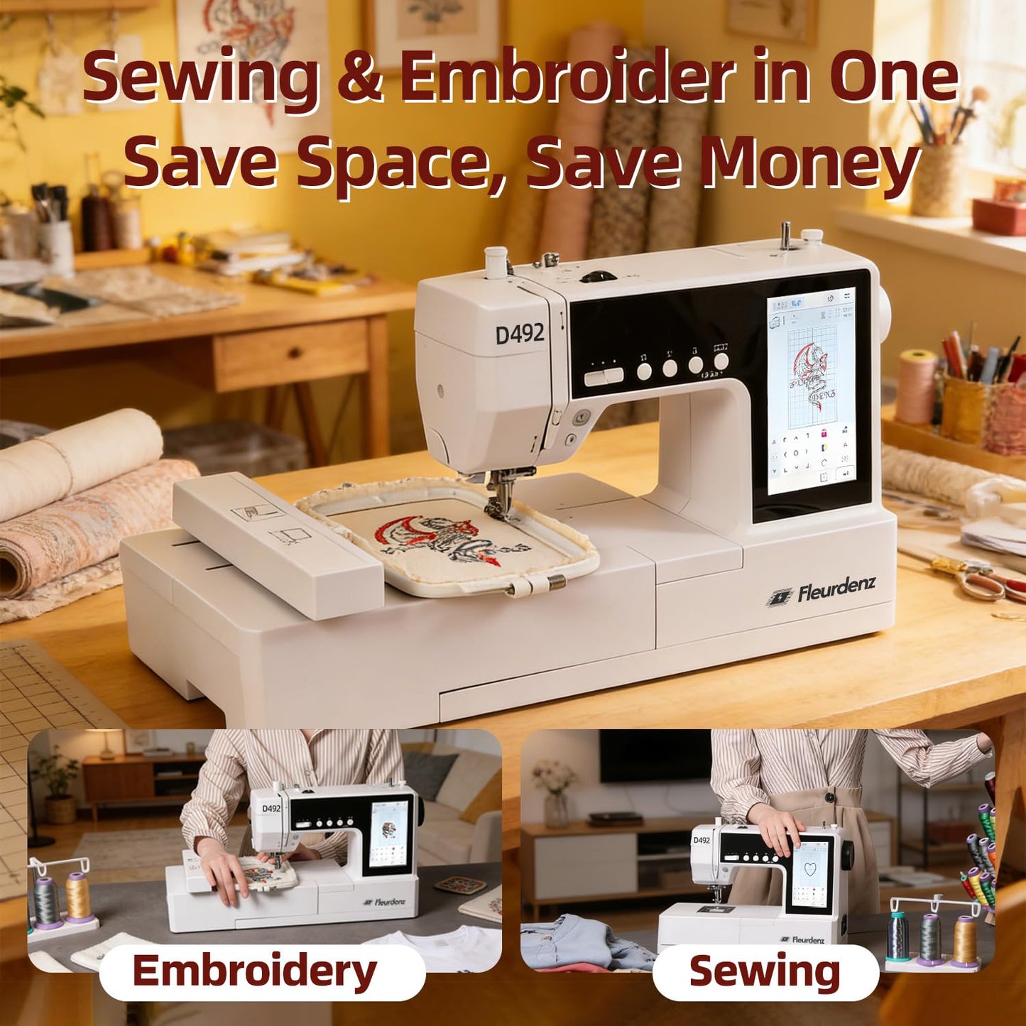 FLEURDENZ D492 Embroidery Machine with 4.5" x 7" Area for Beginners, Home DIY, Sewing & Embroidery Machine with Hoops, 180 Built-in Designs with USB Import, 7-Inch Touchscreen, Auto Threader & Cutter