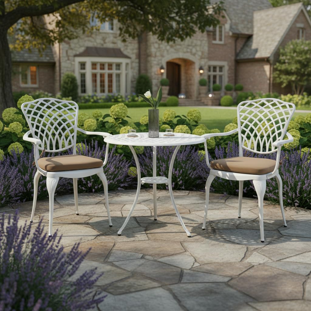 GDFStudio 3-Piece Patio Bistro Set Cast Aluminum Outdoor Furniture Set with Cushions, Weather-Resistant Bistro Table and 2 Chairs with Umbrella Hole, Patio Conversation Set for Garden, Balcony, White