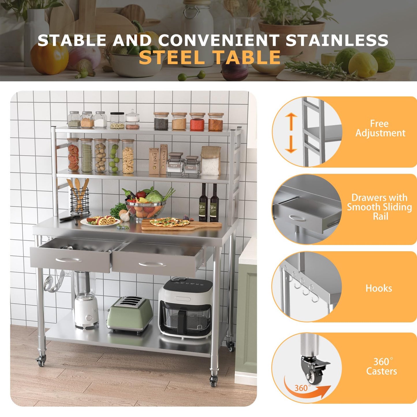 JFHID Stainless Steel Table with Drawer & Shelf, 48”x24” Kitchen Prep Table