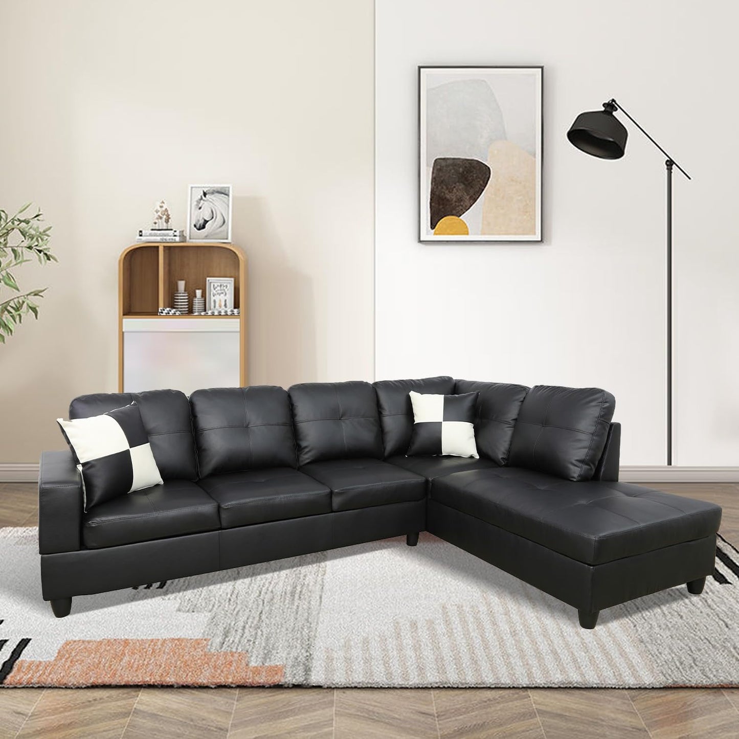 UOCFYK Sectional Sofa Couch with Right Chaise, Faux Leather L Shaped Couches for Living Room, Office, Apartments, Small Space, Black