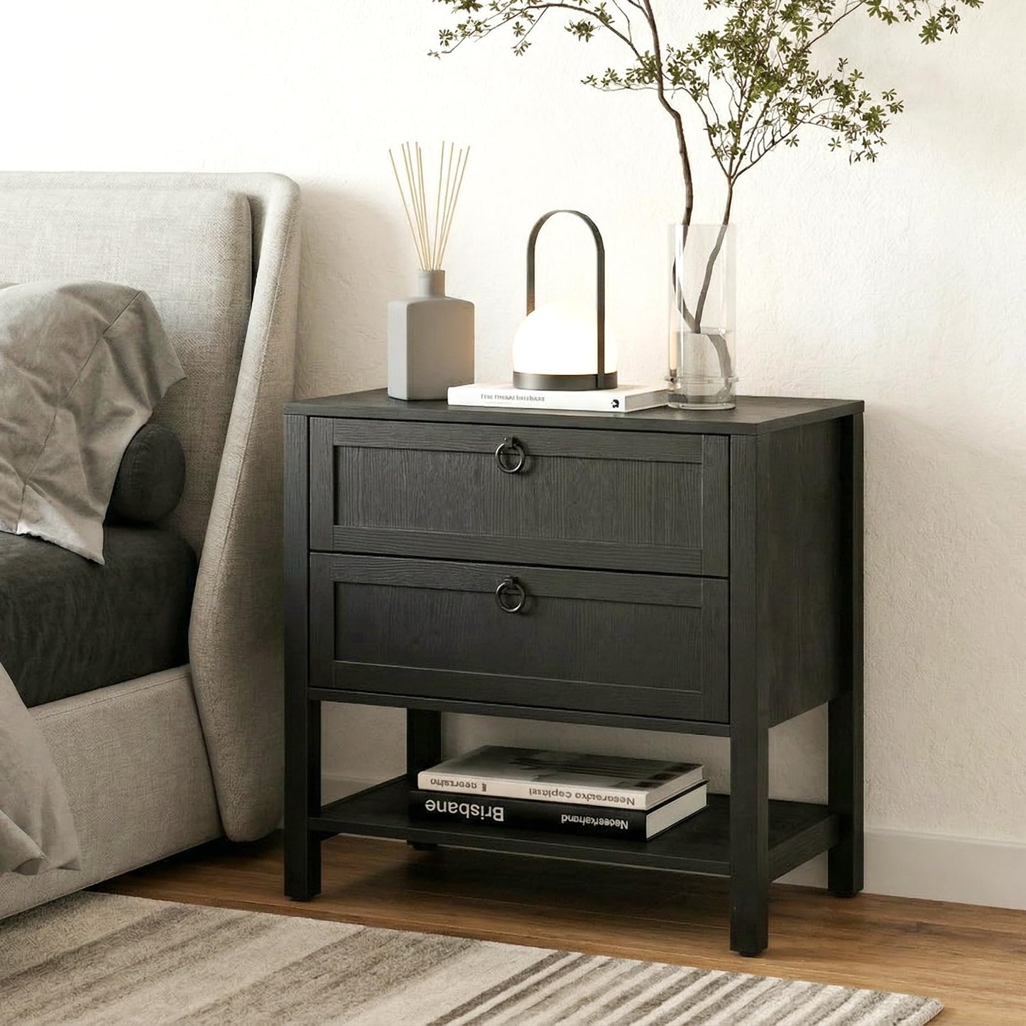 Chyanmoo Nightstand with Charging Station, 2-Drawer Wooden Side Table, Farmhouse Bedside Cabinet with USB Ports & AC Outlets, Solid Wood Grain End Table for Bedroom, Living Room, Office (2 pcs)