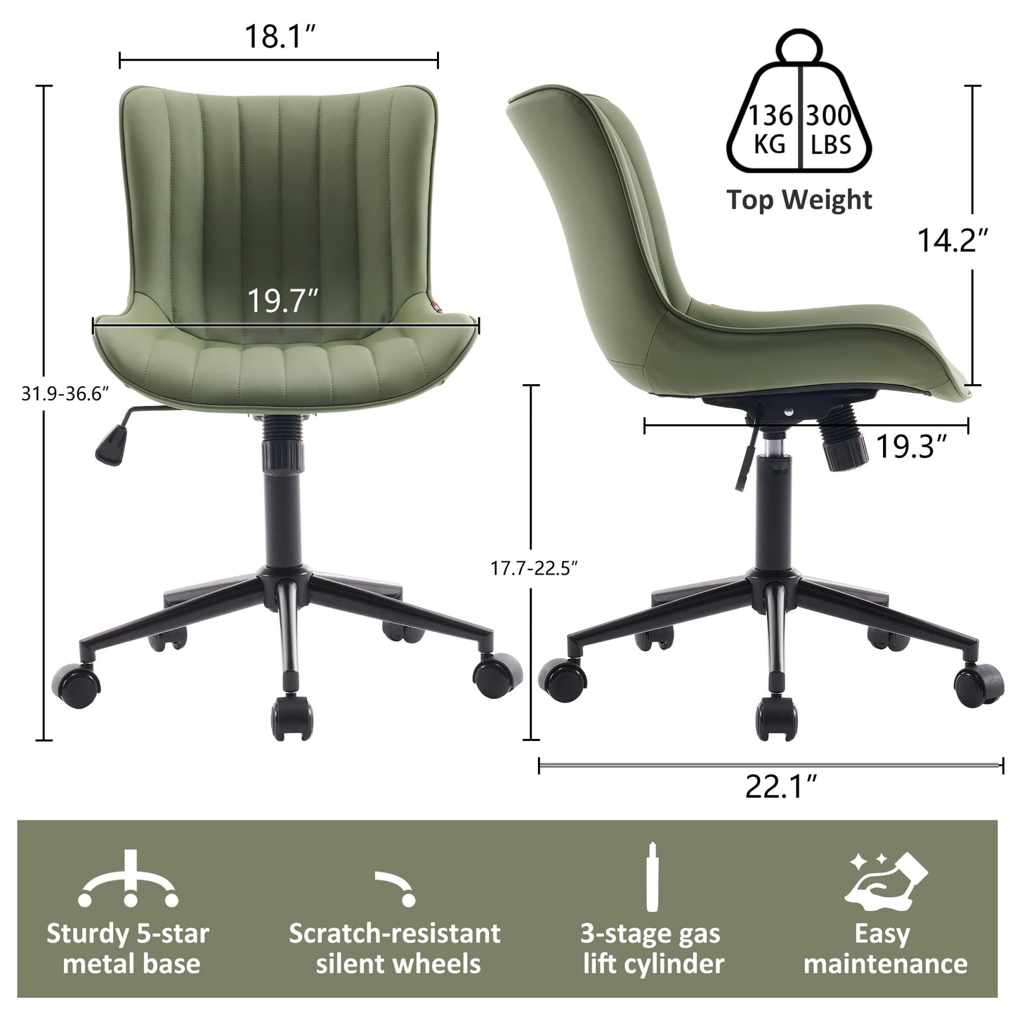 Kidol & Shellder Olive Green Office Desk Chair with Wheels Leather Modern Armless Swivel Vanity Chair with Comfy Padded Back Ergonomic Cute Rolling Adjustable Computer Chair Small