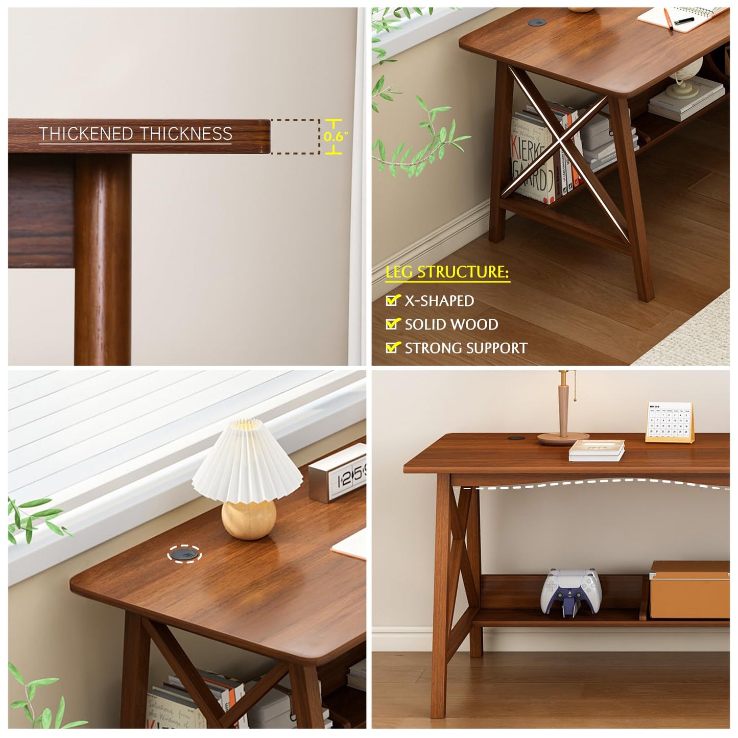 NELYE Extra Long Desk with Bookshelf - Wooden Home Office Work Study Table, 2-Person Writing Computer Workstation with Storage Shelf in Walnut, 63" Wx24 Dx30 H