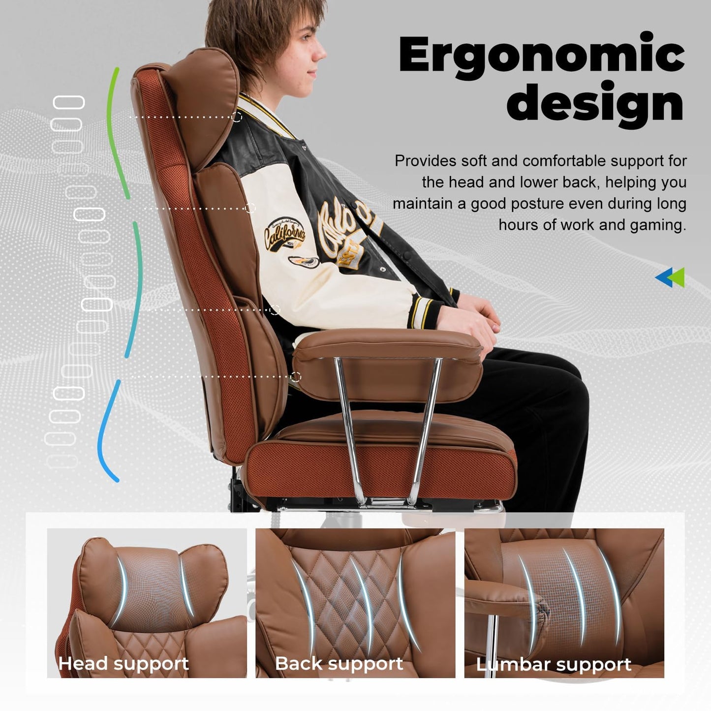 COMHOMA Big and Tall Office Chair, High Back Leather Gaming Chair with Footrest, Executive Ergonomic Office Chairs with Pocket Spring Lumbar Support and with Outward Fixed Soft Armrests
