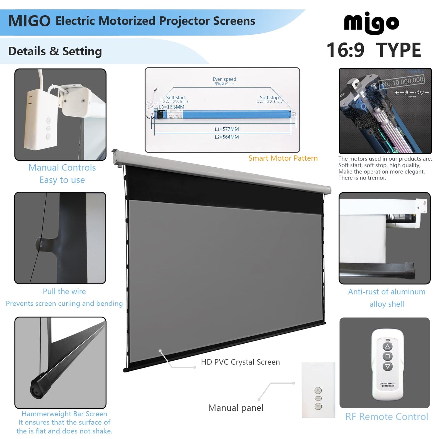 MIGO 150 Inch Pull Down Electric Projector Screen, Grey Crystal 2.0 Gain Partial Ambient Light 4K Tab-Tension Projector Screen Wall & Ceiling Mount for Short Throw Projector Movie Home Theater Cinema