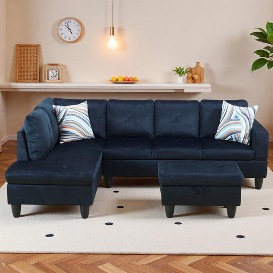 Trygoal 97" Linen 4-Seat L-Shaped Sectional Sofa with Movable Chaise & Storage Ottoman - 3-Piece Modular Convertible Couch for Living Room, Bedroom, Apartment & Office, Midnight Blue