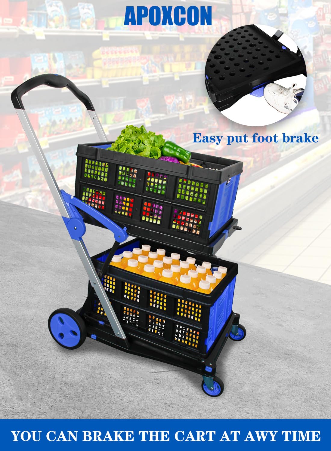 APOXCON Shopping Cart with 2 Storage Crates, Multi Use Two Tier Collapsible Cart with 360° Rolling Swivel Wheels Heavy Duty Folding Trolley for Shopping, Picnic and Office