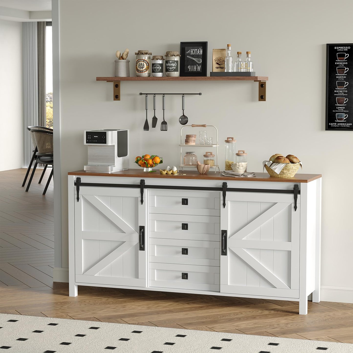 IDEALHOUSE 60" Farmhouse Sideboard Buffet with Storage Drawer & Sliding Barn Doors | Rustic Wood Coffee Bar Cabinet | Multi-Functional for Dining Room Kitchen, As TV Stand & Console Table
