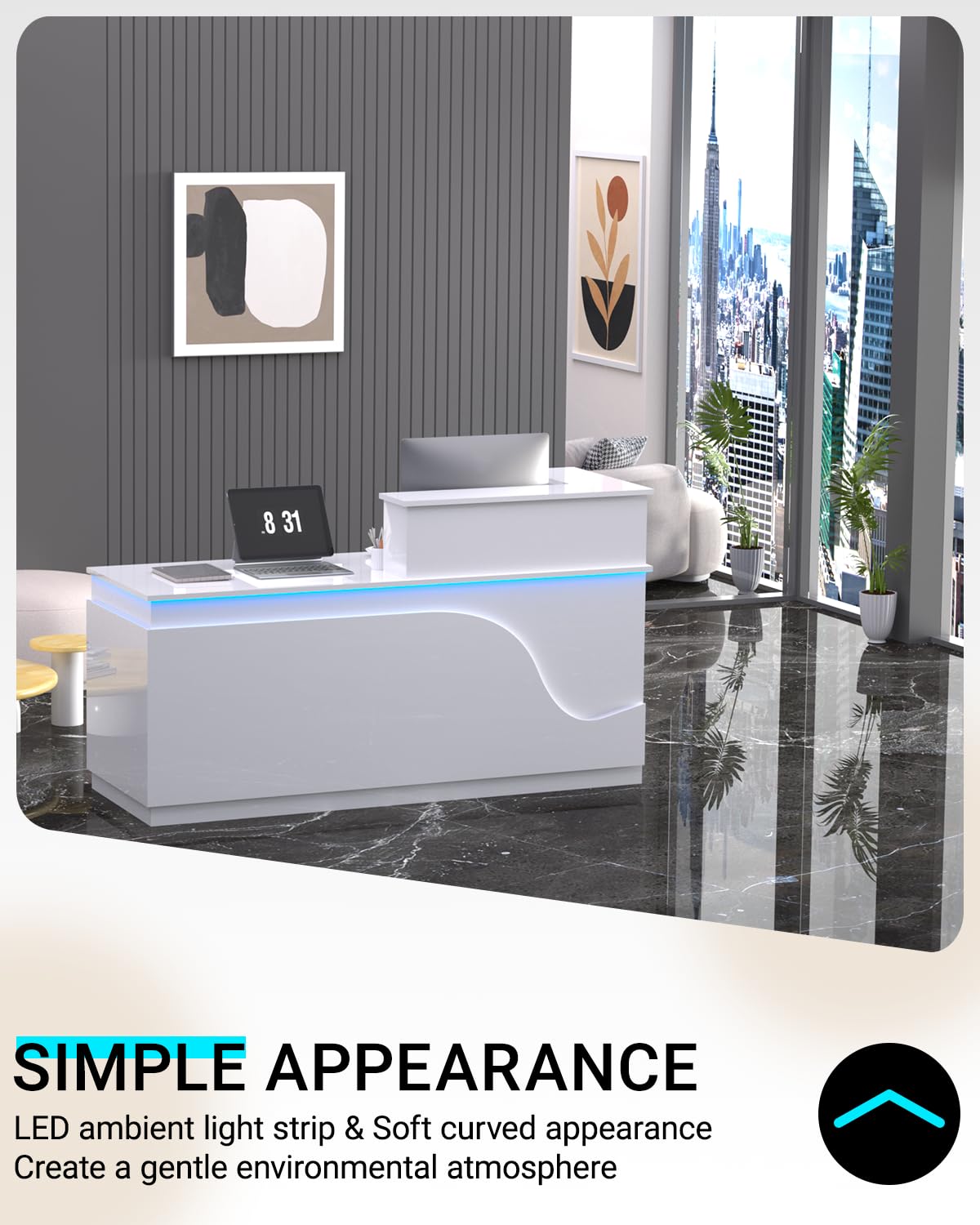 Salon Reception Desk with Counter, Front Desk Reception Counter with Lockable Drawer & Cabinet, Retail Checkout for Home Office, SOHO, Shop, Salon (White, R-63 * 23.6 * 39.3in)
