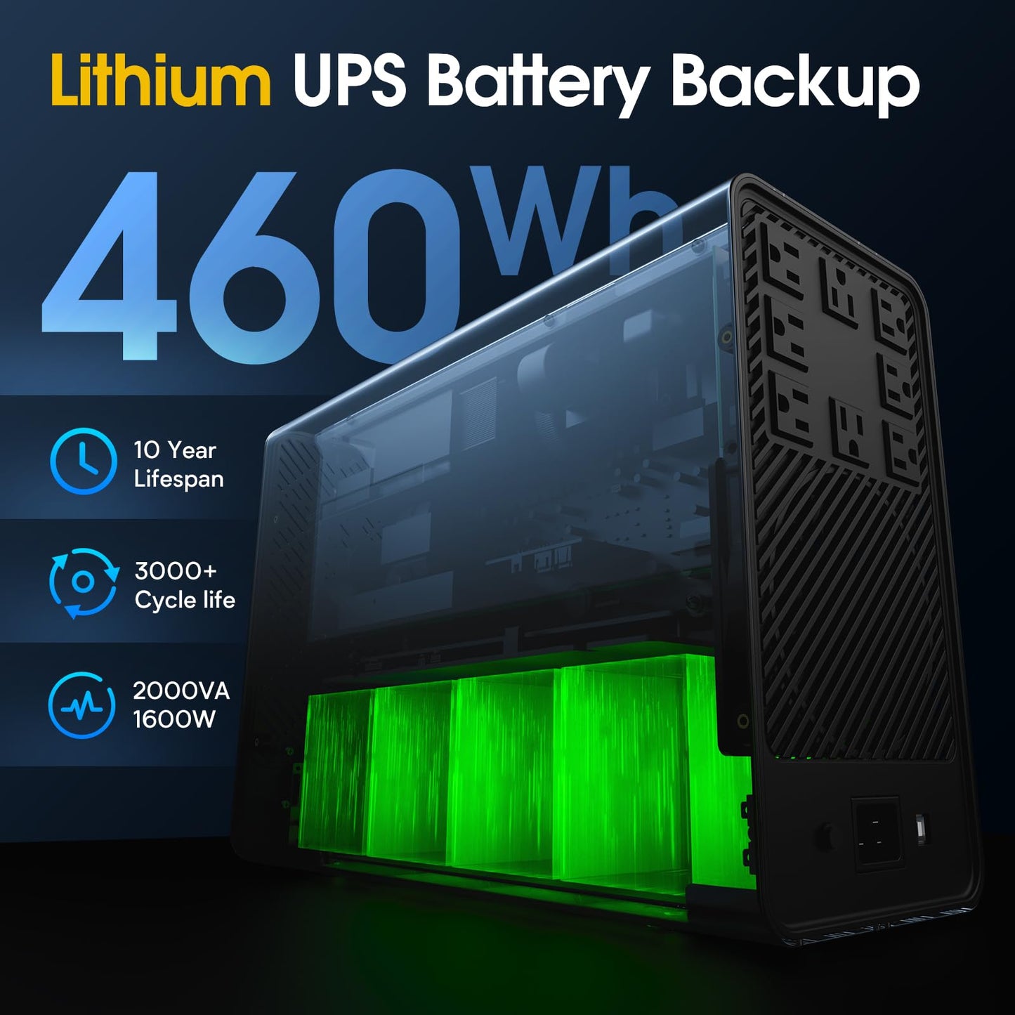 GOLDENMATE 2000VA/1600W Lithium UPS Battery Backup and Surge Protector, Backup Battery Power Supply with LiFePO4 Batteries(460Wh), AVR, Line Interactive Sinewave UPS System, 8 Outlets, LCD Display
