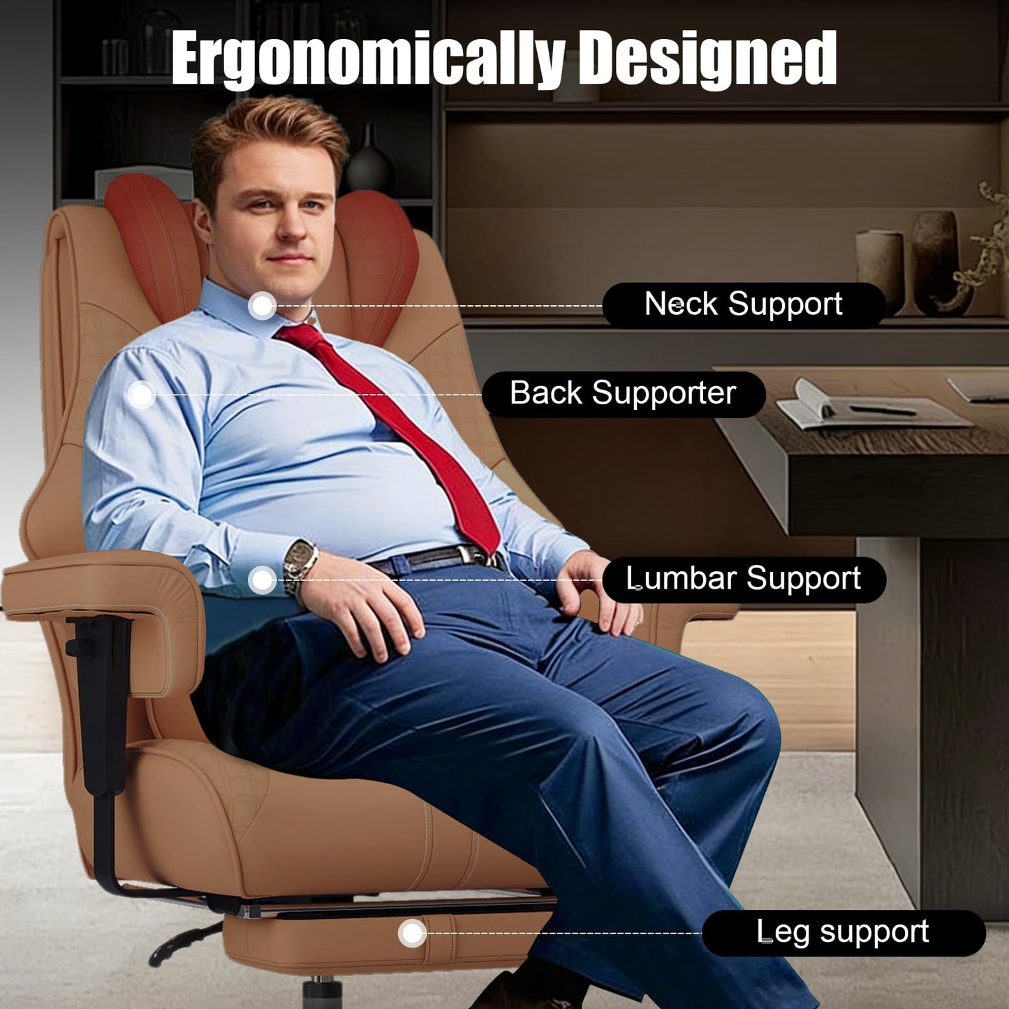400lbs Big and Tall Office Chair, Wide Ergonomic Leather Executive Chair for Heavy People with Foot Rest, High-Back Reclining Computer Chair with Swivel Wheels and Lumbar Support (Brown)