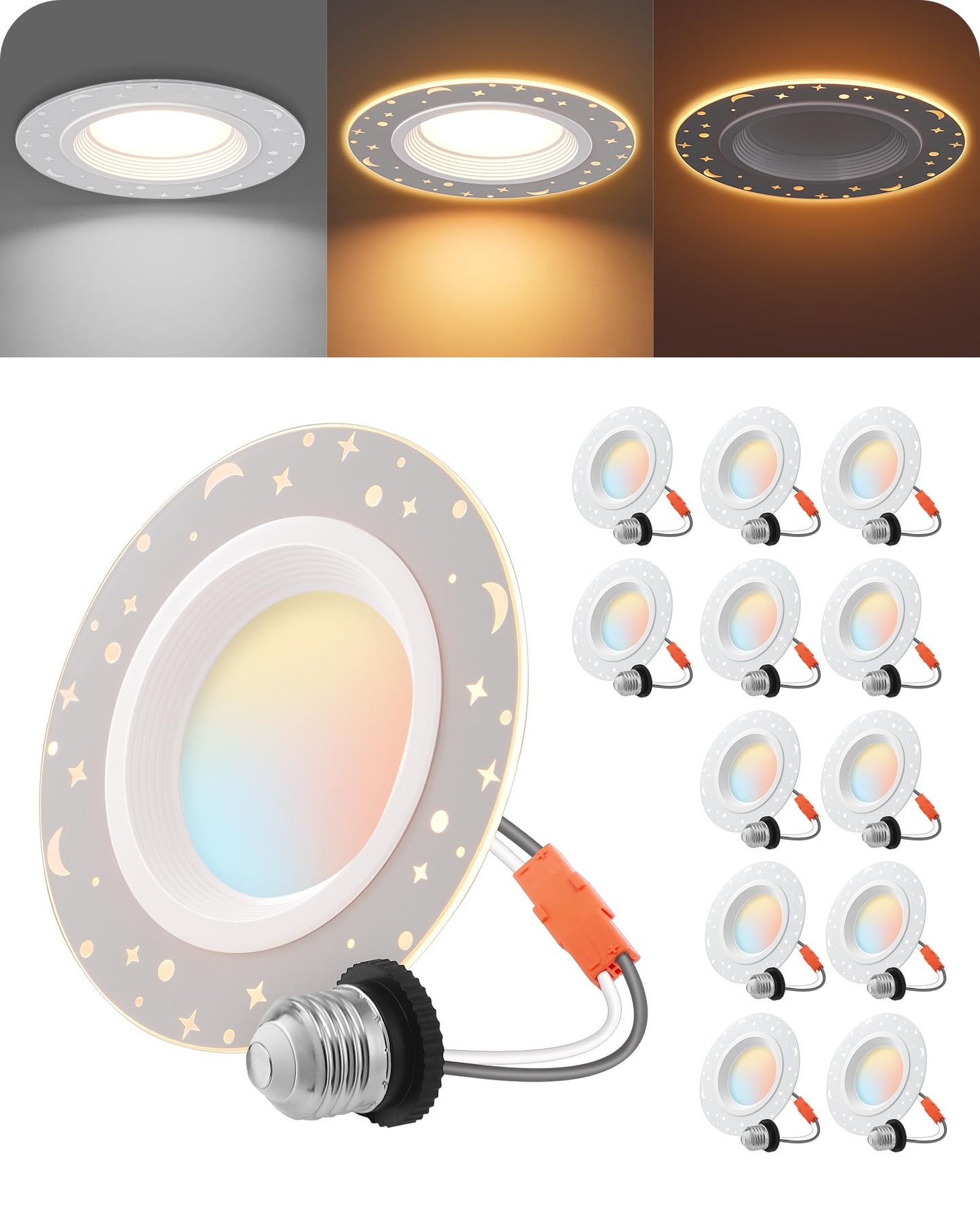 EDISHINE 12W 6 Inch Recessed LED Lights, 5CCT, CRI 90+, Aluminum, Model HCRL6ABC, 12 Pack