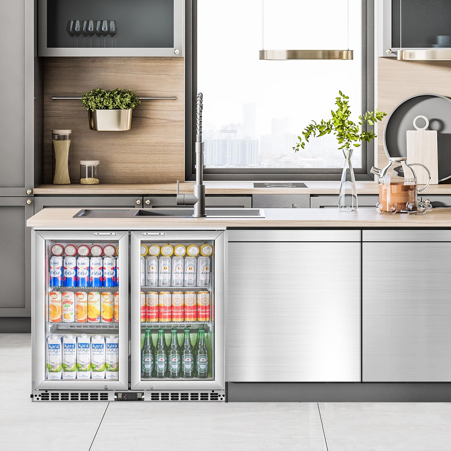BINGERMA Back Bar Cooler with 2 Glass Doors Under Counter Commercial Beverage Refrigerator Silver Stainless Steel 7.4 Cu.ft. ETL Drink Fridges for Bar,Office