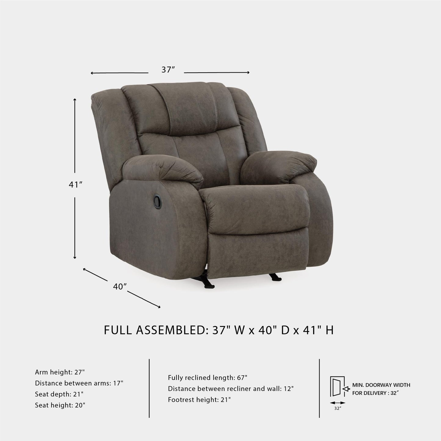 Signature Design by Ashley First Base Modern Faux Leather Rocker Recliner, Gray