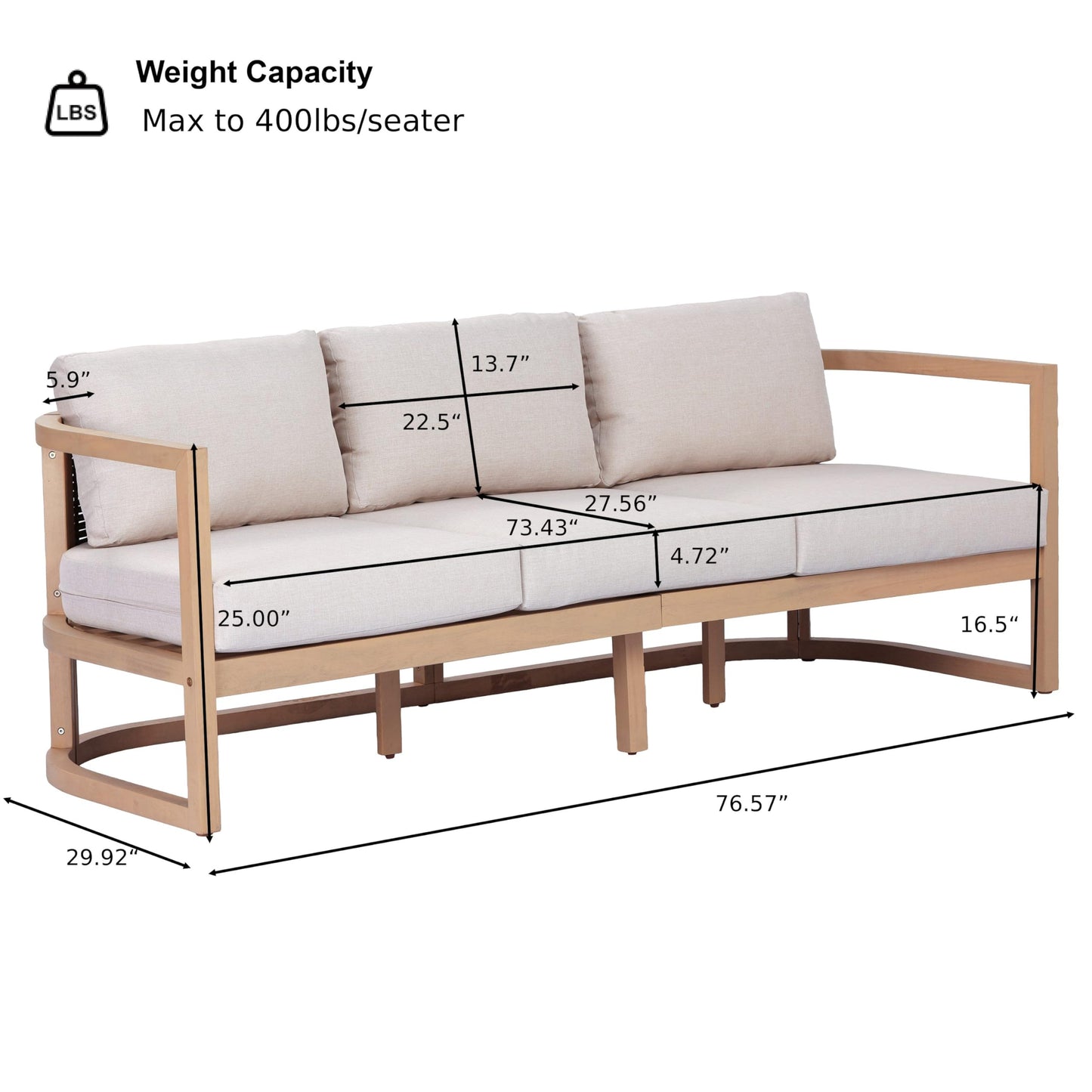 Merax Outdoor All-Weather Acacia Wood 3 Seater Sofa with Cushion and Deep Seat, Patio Sofa Daybed with Sturdy Base for Porch, Lawn, Backyard, Balcony, Light Teak