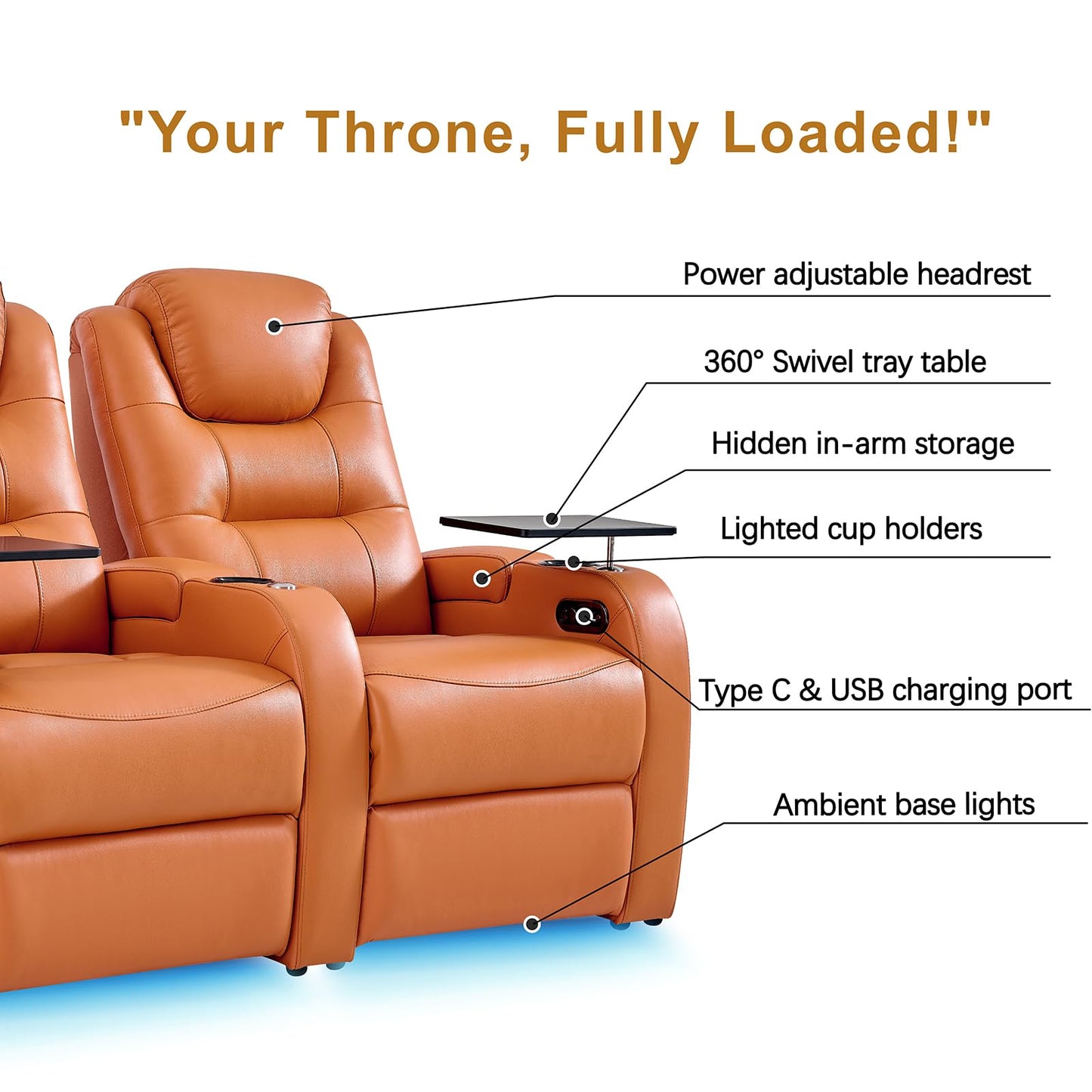 comfiroom Home Theater Seating Simple Style Top Grain Nappa Leather Recliner Sofa Dual Power Movie Theater Chairs with Tray Table Type-C USB Charger (Orange, Row of 2)