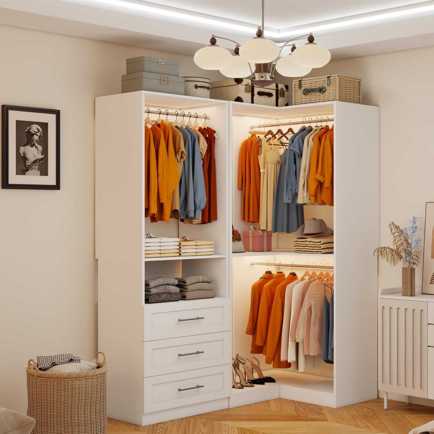 Secilix Closet System with 3 Wooden Drawers, 4.5-6FT Corner Closet Organizer System for Walk in Closet, Heavy Duty Modular Closet Systems, Built-in Shelving System with 5 Hanging Rods, 2-Piece Set