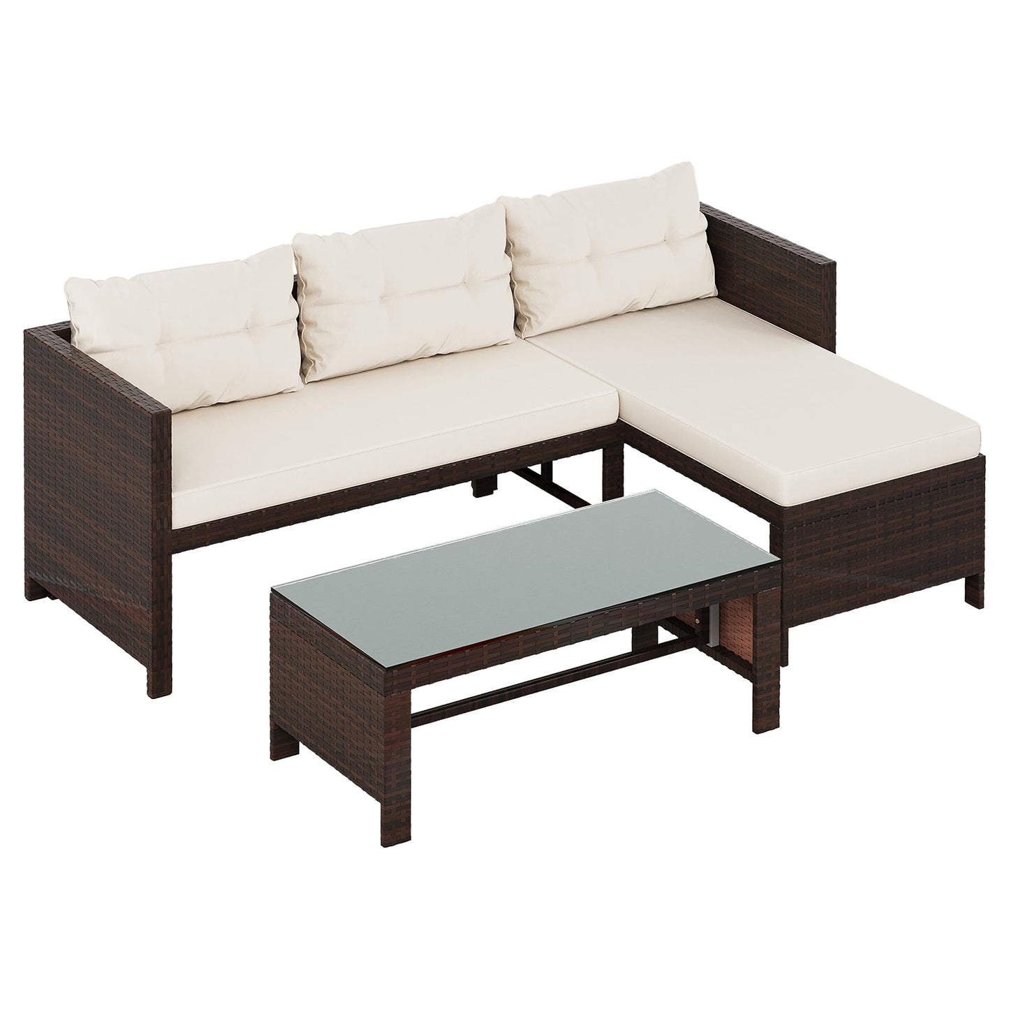 Shintenchi 3-Piece Outdoor Patio Furniture Sets, Wicker Patio Conversation Sets, All Weather Wicker Rattan Patio Seating Sofas with Glass Coffee Table and Cushion, Beige