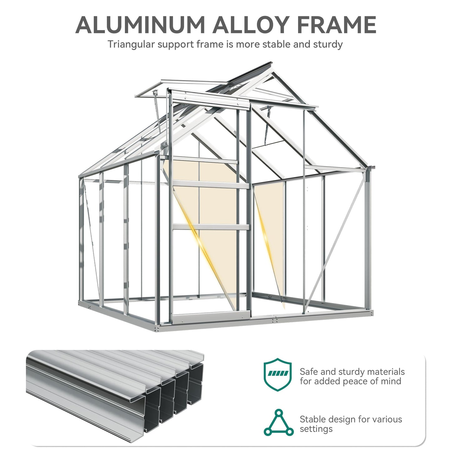 YITAHOME 6x6FT Polycarbonate Greenhouse Heavy Duty Green Houses Outdoor Greenhouses Aluminum Sliding Doors Vent Window Large Sun House for Garden Backyard, Silver