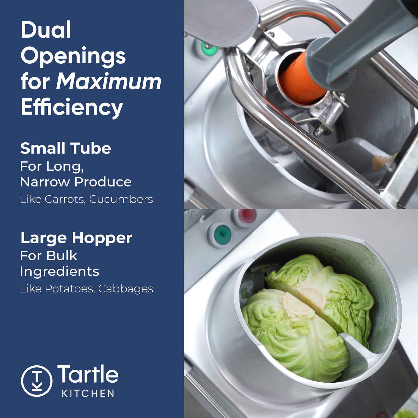 Tartle Kitchen 750W Electric Vegetable Chopper - Commercial Food Processor with Continuous Feed, Dual Feed Openings, 5 Discs for Slicing, Shredding, & Grating - Restaurant-Grade, NSF & ETL Certified