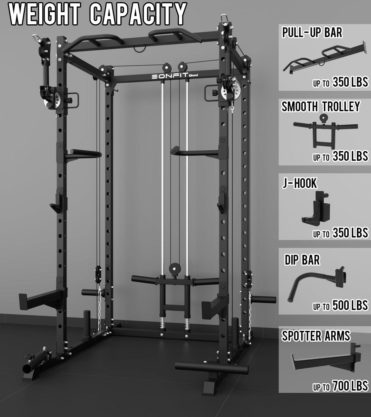 Eonfit E2 Power Cage - Multi-Functional Power Rack for Home Gym. 1500lb Squat Rack for Home Gym. Pulley System for Cable Crossover & LAT Pulldown (Black, PRO)