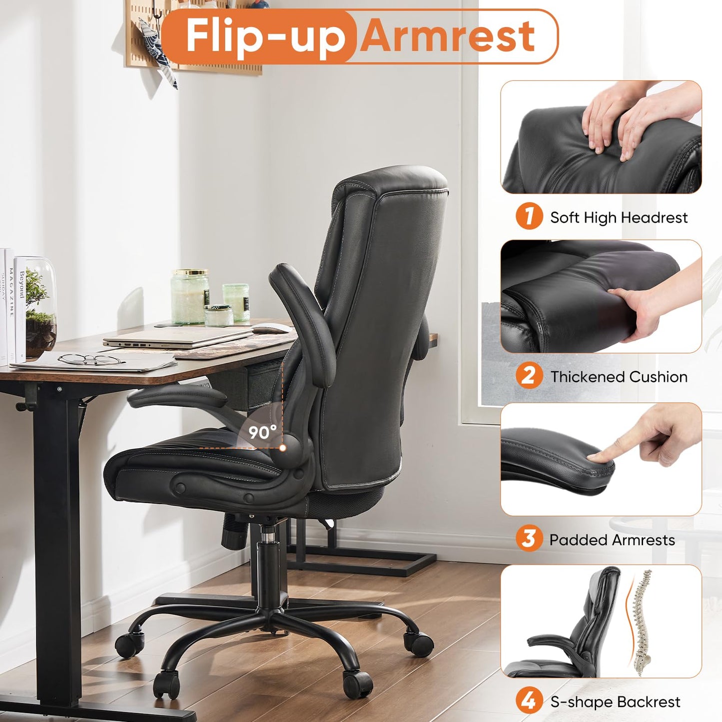 Sweetcrispy Ergonomic Computer Gaming Office Chair Set of 2, Heavy Duty Task Desk Swivel Rolling Chairs with Wheels, Flip-up Arms, Adjustable Height, PU Leather,Inky