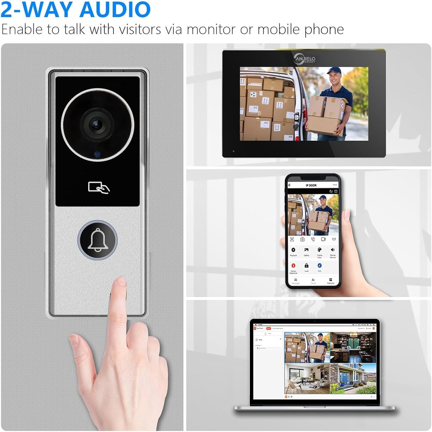 ANJIELO SMART Wired Video Intercom System, Video Doorbell Door Phone System,WiFi 1080P HD Monitor, Night Vision,Dual-Way Intercom for Villa House Office Apartment (1 Bell +1 Monitor)