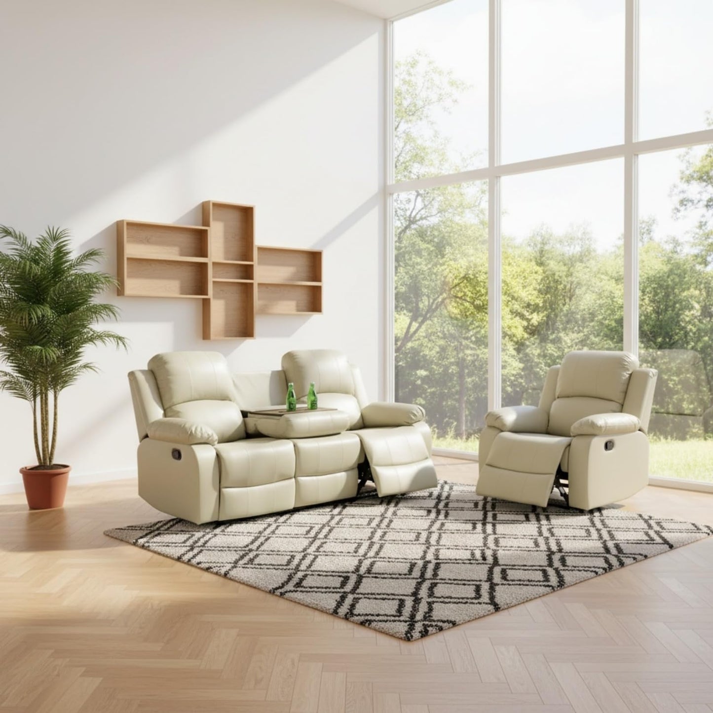 Trygoal Leather Recliner Sofa Set, Living Room Furniture Set, Adjustable Backrest Reclining Loveseat Sofa with Convertible Middle Coffee Table, Manual Recliner Chair for House, Home Theater, Beige