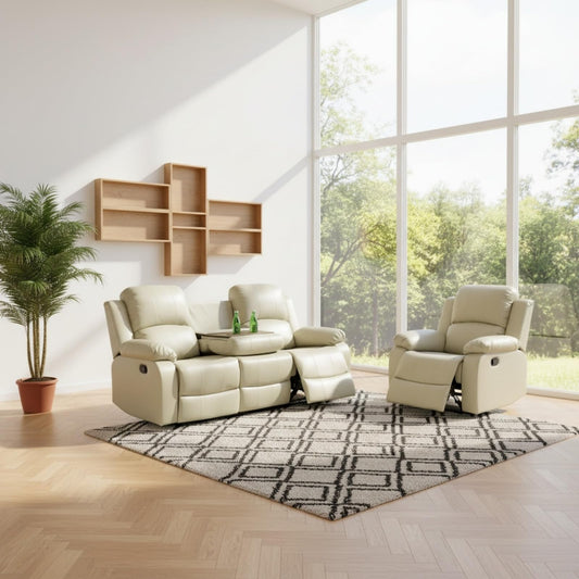 Trygoal Leather Recliner Sofa Set, Living Room Furniture Set, Adjustable Backrest Reclining Loveseat Sofa with Convertible Middle Coffee Table, Manual Recliner Chair for House, Home Theater, Beige