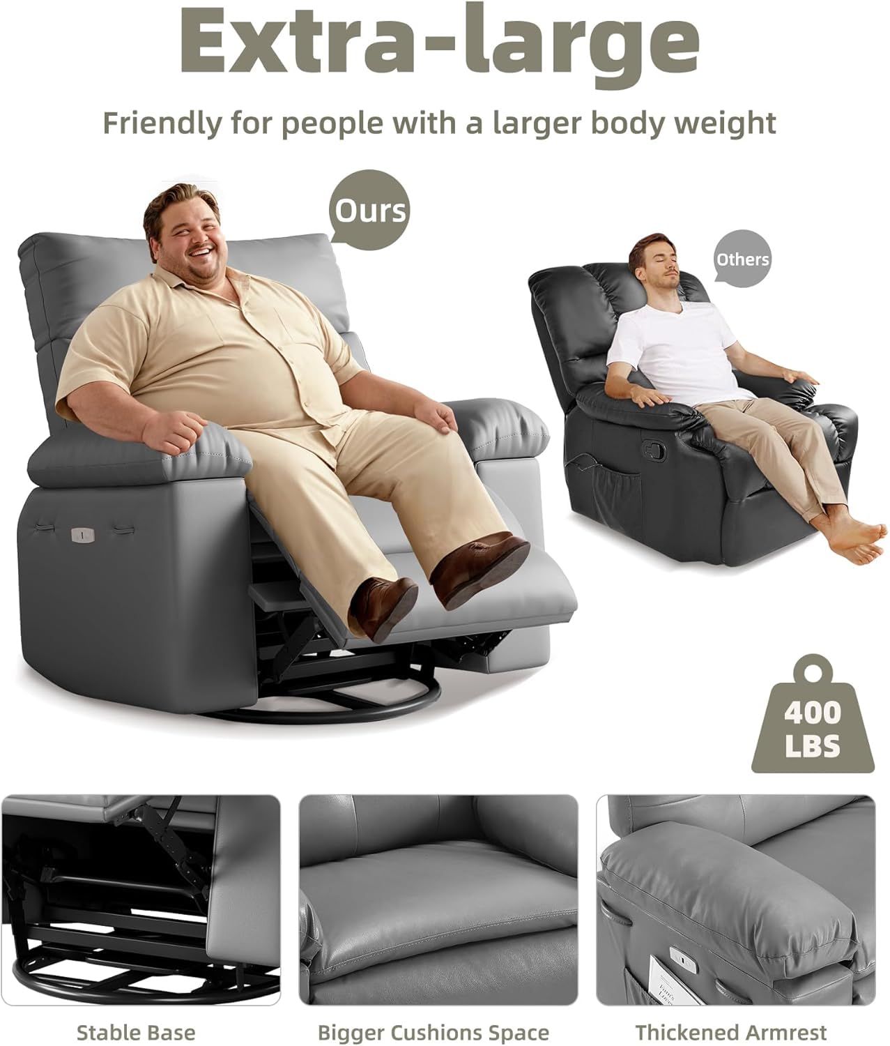 Oversized Recliner Chair for Adult,150°Recliner Chairs Ergonomic Nursery Chairs, Extra Wide Manual Recliners,PU Leather Upholstery Soft Sofa Chair for Livingroom,Grey