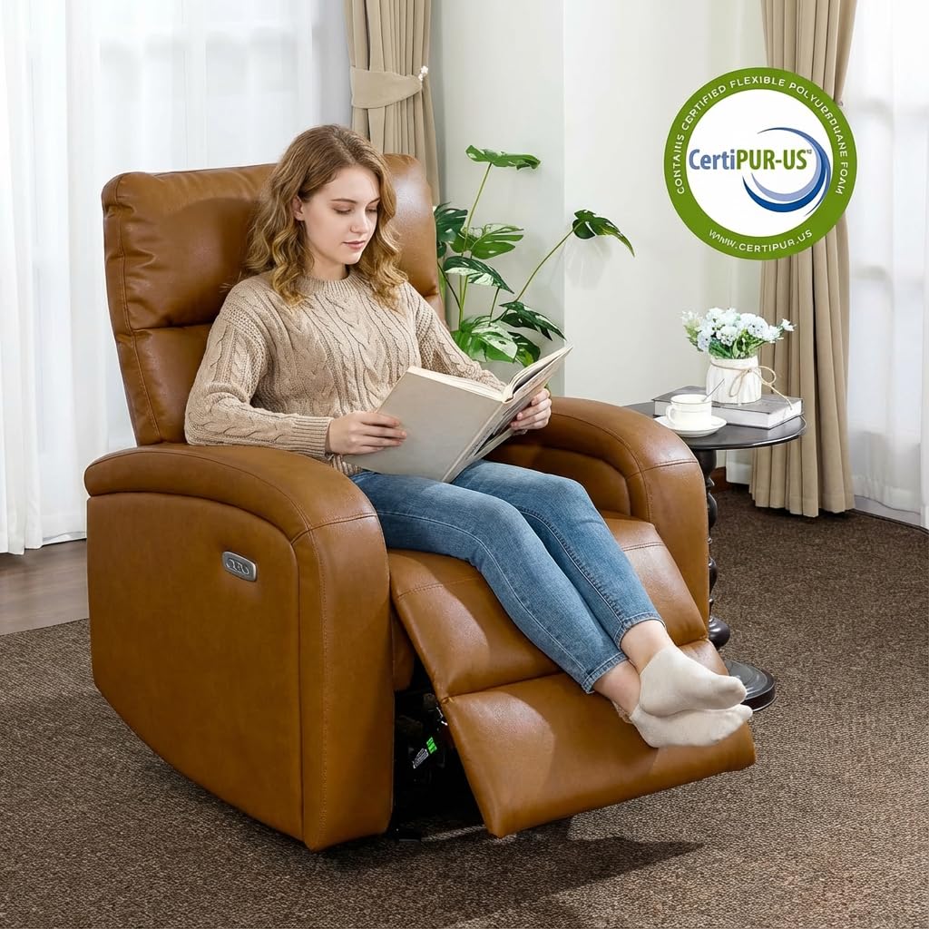 MCombo Zero Wall Recliner Chair, Power Wall Hugger Recliner with USB & Type-C Dual Charge Ports for Small Space, Living Room, RV PR644 (Cognac Brown)